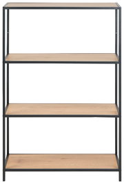 Frontale Ansicht eines modernen Bücherregals mit vier Holzregalböden und einem schwarzen Metallrahmen.