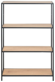 Frontale Ansicht eines modernen Bücherregals mit vier Holzregalböden und einem schwarzen Metallrahmen.