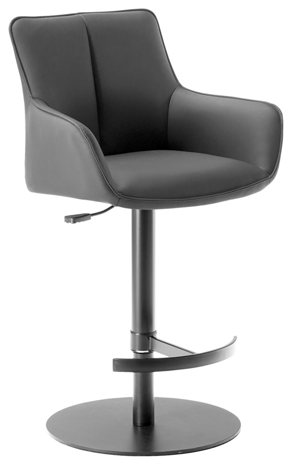 Moderner schwarzer Barhocker mit gepolsterter Rückenlehne und Armlehnen, seitliche Perspektive