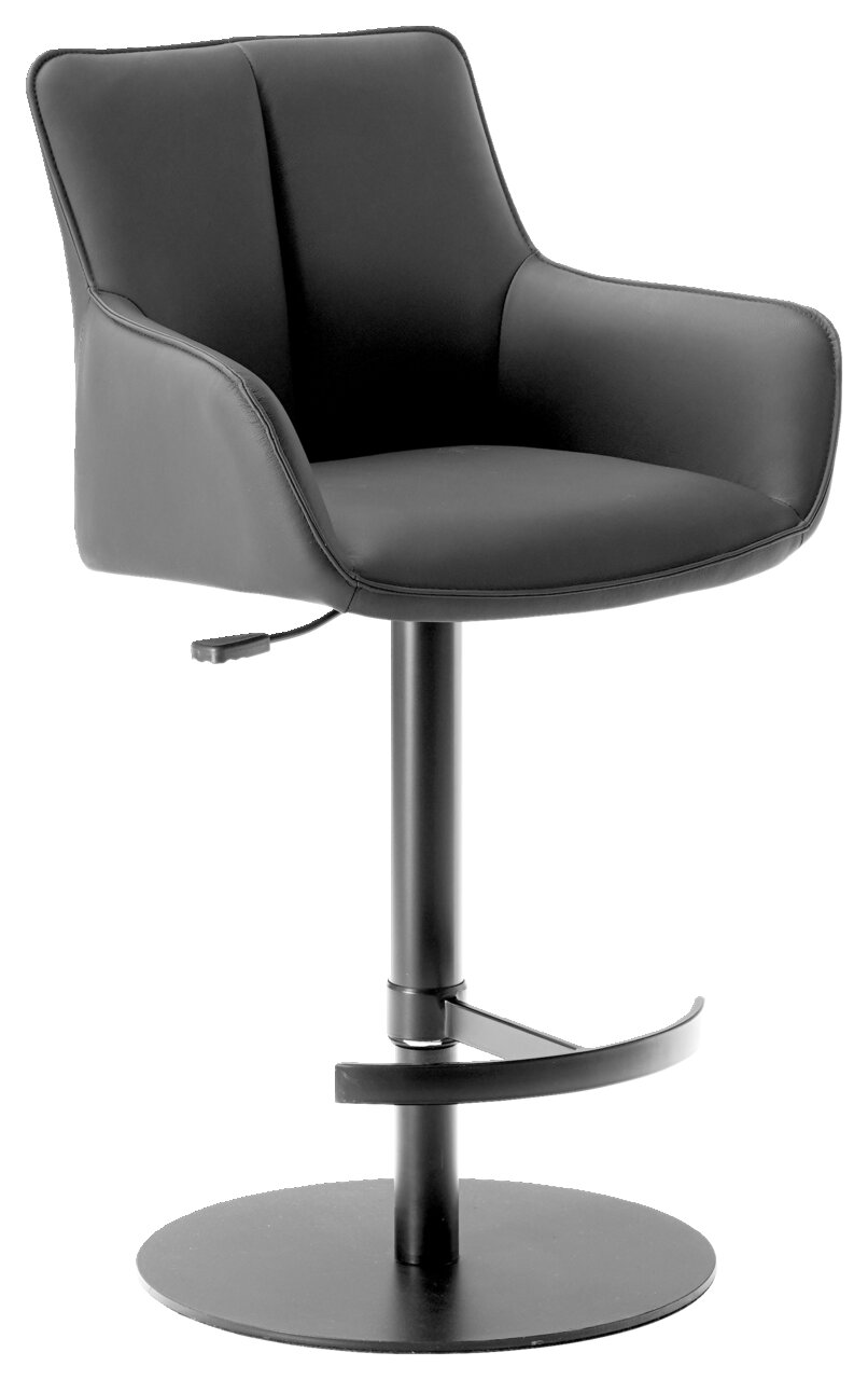 Moderner schwarzer Barhocker mit gepolsterter Rückenlehne und Armlehnen, seitliche Perspektive