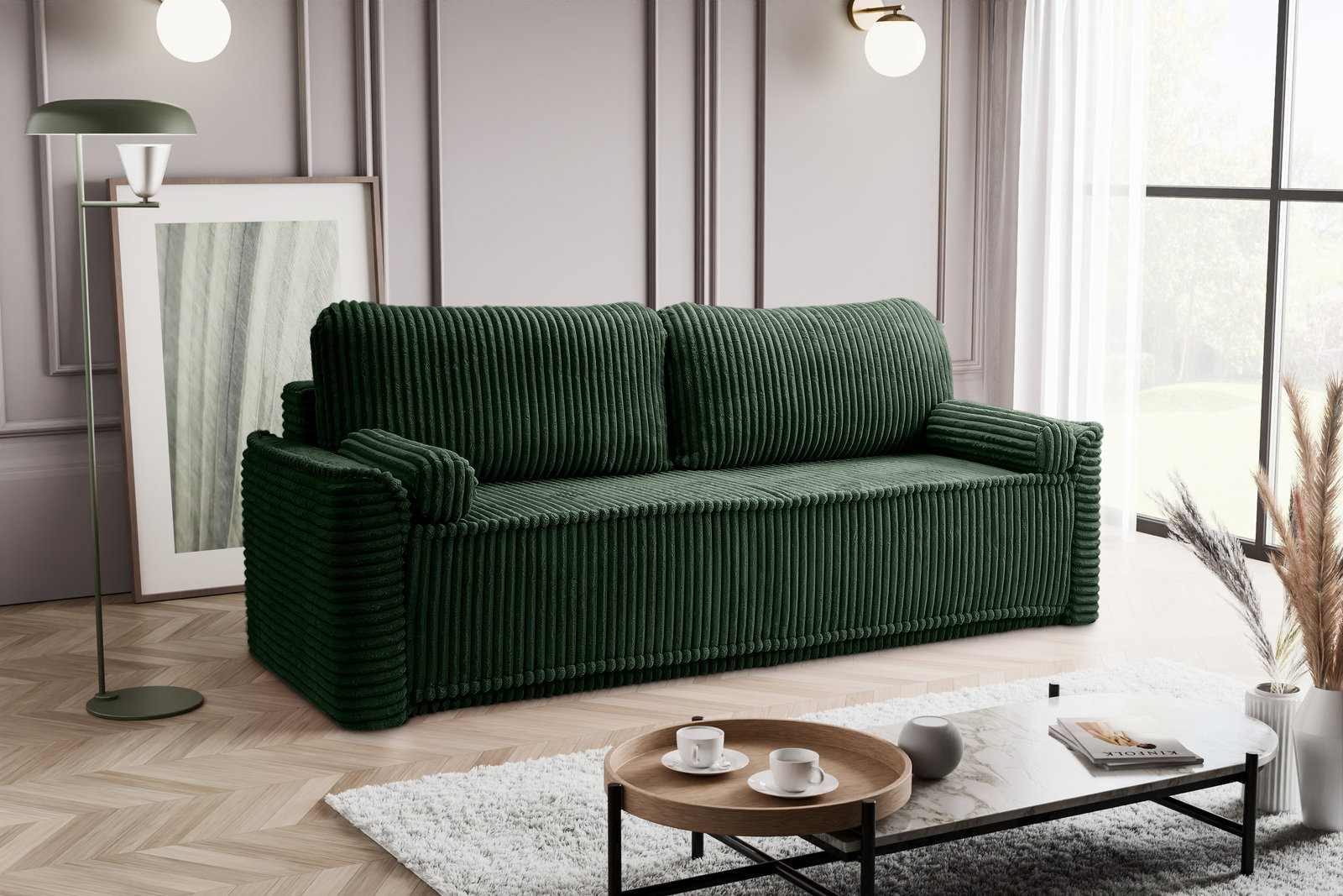 Grünes Schlafsofa in einem modernen Wohnzimmer, seitliche Perspektive
