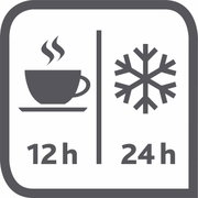 Symbolische afbeelding van een thermoskan met een kopje en een sneeuwvlok, die aangeeft dat dranken 12 uur warm en 24 uur koud blijven, vooraanzicht.