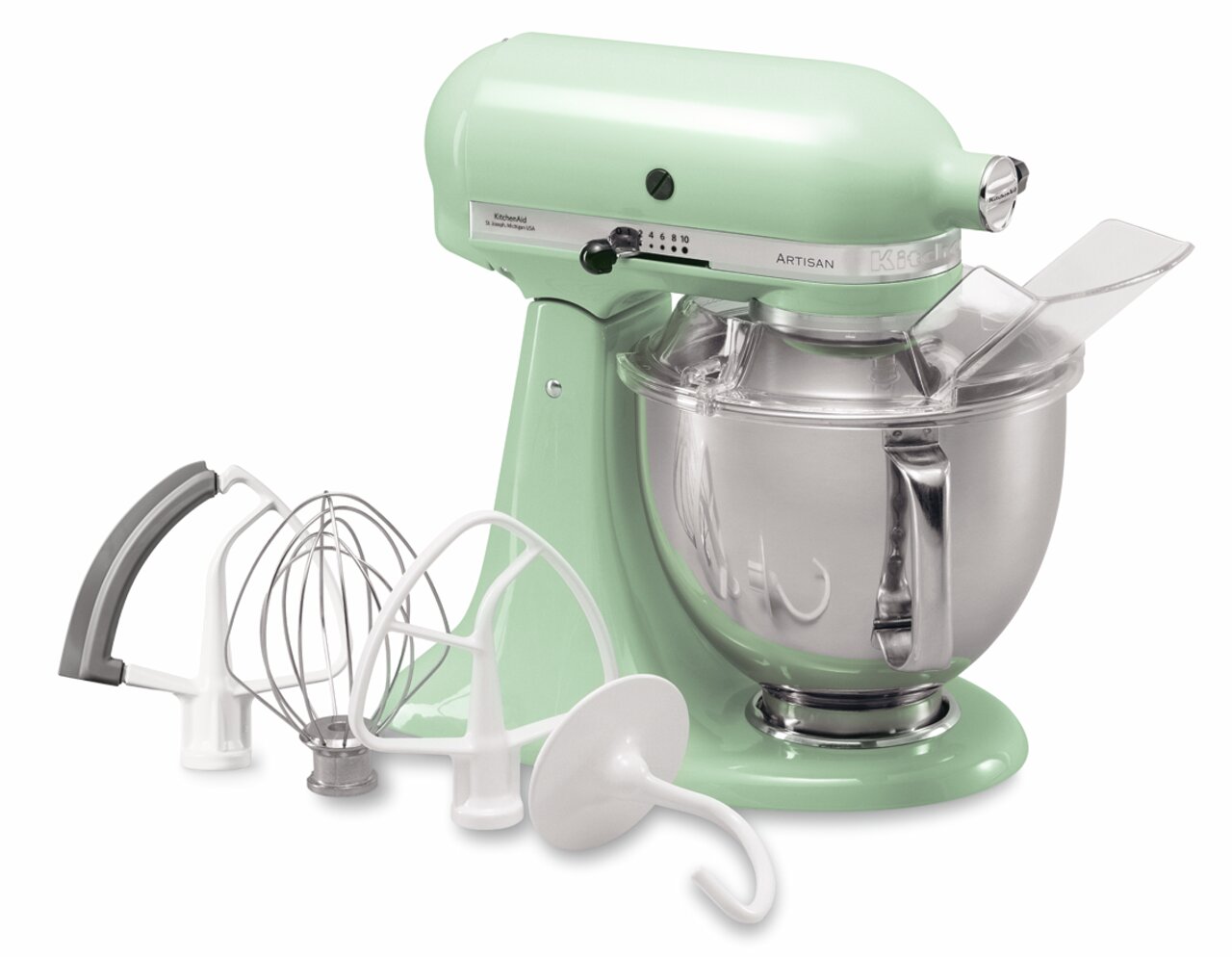 Artisan-keukenmachine in mintgroen met accessoires, zijaanzicht