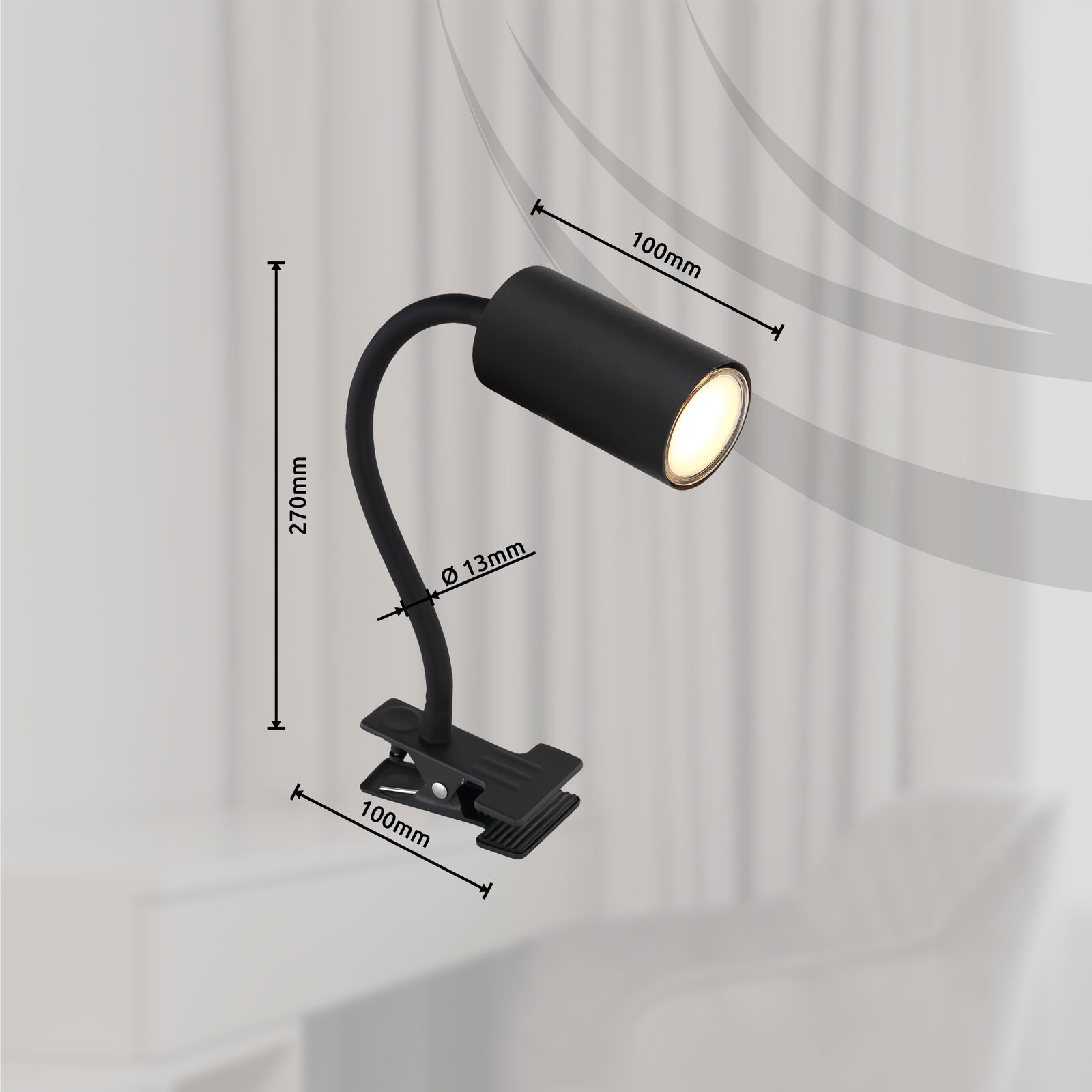 Schwarzer Klemmstrahler aus Metall mit flexiblem Hals, seitliche Perspektive, Maße: 270mm hoch, 100mm lang, Durchmesser 13mm.