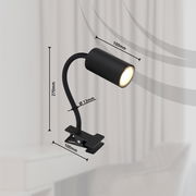 Schwarzer Klemmstrahler aus Metall mit flexiblem Hals, seitliche Perspektive, Maße: 270mm hoch, 100mm lang, Durchmesser 13mm.