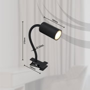 Zwarte metalen klemspot met flexibele arm, zijaanzicht, afmetingen: 270 mm hoog, 100 mm lang, diameter 13 mm.