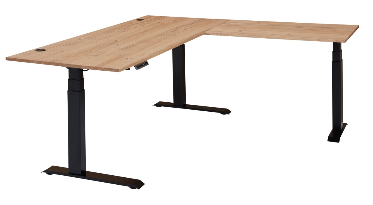 Hoekbureau van melamine met in hoogte verstelbare zwarte metalen poten, in L-vorm gezien vanaf de schuine voorkant.