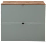 Moderner Hänge-Schuhschrank DIANA von Voleo in breiter Ausführung, Frontansicht, mit zwei Schubladen in grauer Farbe und einer Holzoberfläche.