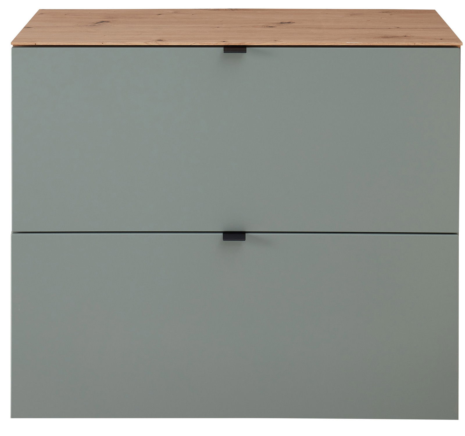 Moderner Hänge-Schuhschrank DIANA von Voleo in breiter Ausführung, Frontansicht, mit zwei Schubladen in grauer Farbe und einer Holzoberfläche.