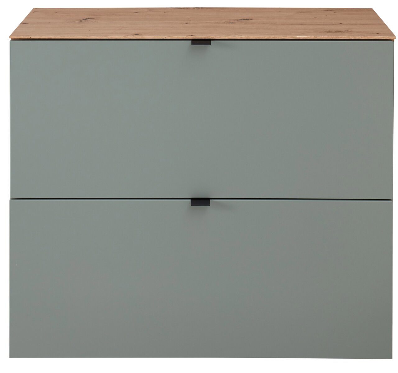 Moderner Hänge-Schuhschrank DIANA von Voleo in breiter Ausführung, Frontansicht, mit zwei Schubladen in grauer Farbe und einer Holzoberfläche.