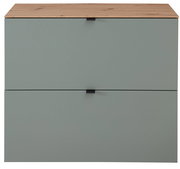 Moderner Hänge-Schuhschrank DIANA von Voleo in breiter Ausführung, Frontansicht, mit zwei Schubladen in grauer Farbe und einer Holzoberfläche.