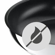 Nahaufnahme einer antihaftbeschichteten DURADO Wokpfanne mit einem Symbol für fettfreies Kochen.