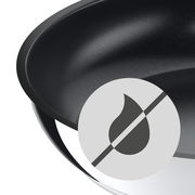 Nahaufnahme einer antihaftbeschichteten DURADO Wokpfanne mit einem Symbol für fettfreies Kochen.