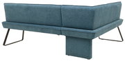 Rückansicht einer modernen blauen Eckbank mit Metallbeinen.
