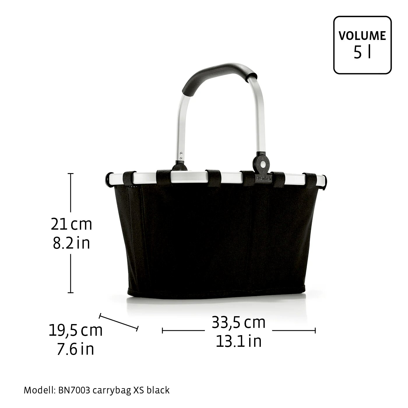 Schwarzer Einkaufskorb/Tragekorb Modell BN7003 carrybag XS mit klappbarem Aluminiumgriff, Frontansicht, Maße 33,5 x 19,5 x 21 cm und Volumen 5 l auf weißem Hintergrund