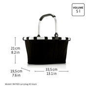 Schwarzer Einkaufskorb/Tragekorb Modell BN7003 carrybag XS mit klappbarem Aluminiumgriff, Frontansicht, Maße 33,5 x 19,5 x 21 cm und Volumen 5 l auf weißem Hintergrund