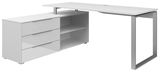 Moderner weißer Eckschreibtisch mit Schubladen und Regalfächern, seitliche Perspektive