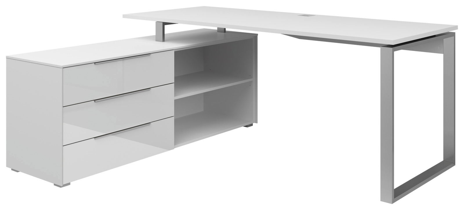 Moderner weißer Eckschreibtisch mit Schubladen und Regalfächern, seitliche Perspektive