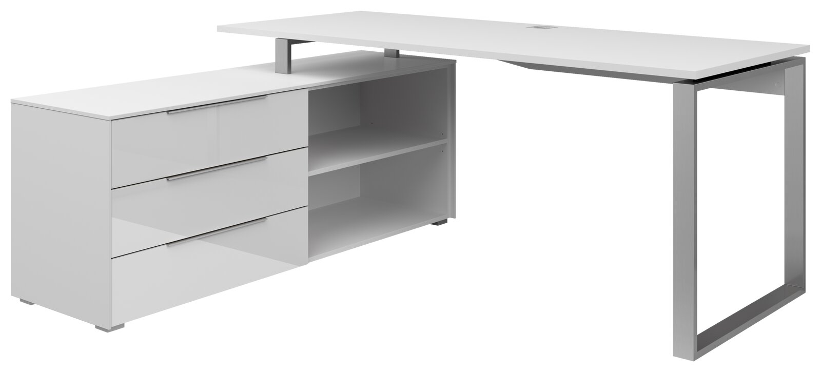 Moderner weißer Eckschreibtisch mit Schubladen und Regalfächern, seitliche Perspektive