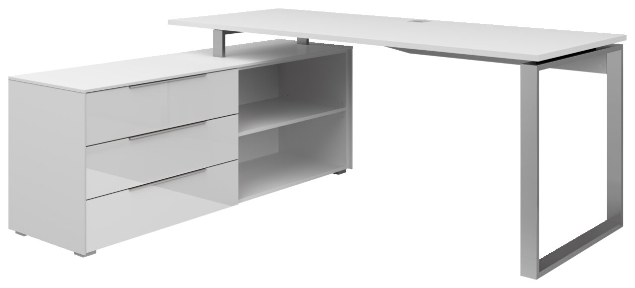 Voleo Eckschreibtisch NEVADA Moderner weißer Eckschreibtisch mit Schubladen und Regalfächern, seitliche Perspektive