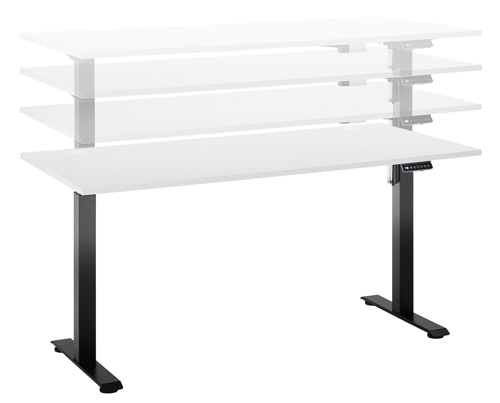 Höhenverstellbarer E-Schreibtisch mit schwarzem Gestell und weißer Tischplatte, seitliche Perspektive