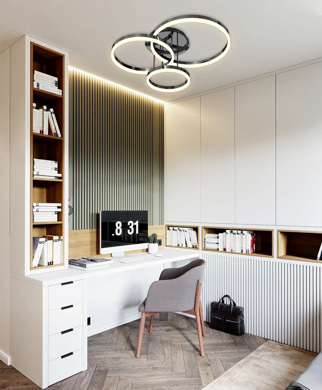 Moderne Deckenleuchte Perpignan mit drei ineinander verschlungenen LED-Ringen in einem stilvollen Büro, Perspektive von unten.