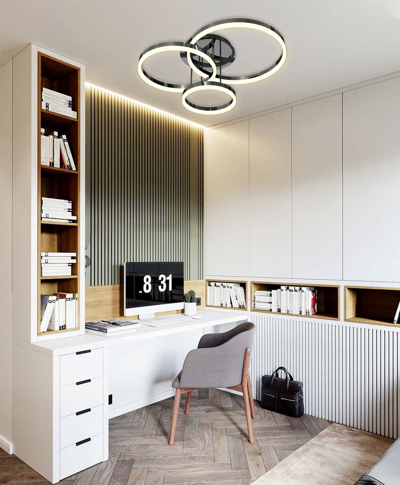 Moderne Deckenleuchte Perpignan mit drei ineinander verschlungenen LED-Ringen in einem stilvollen Büro, Perspektive von unten.