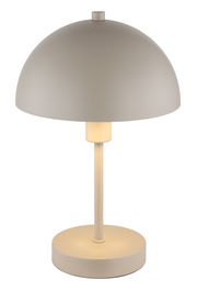 Moderne Tischleuchte mit rundem, beigem Schirm und schlichtem Design, frontal abgebildet.