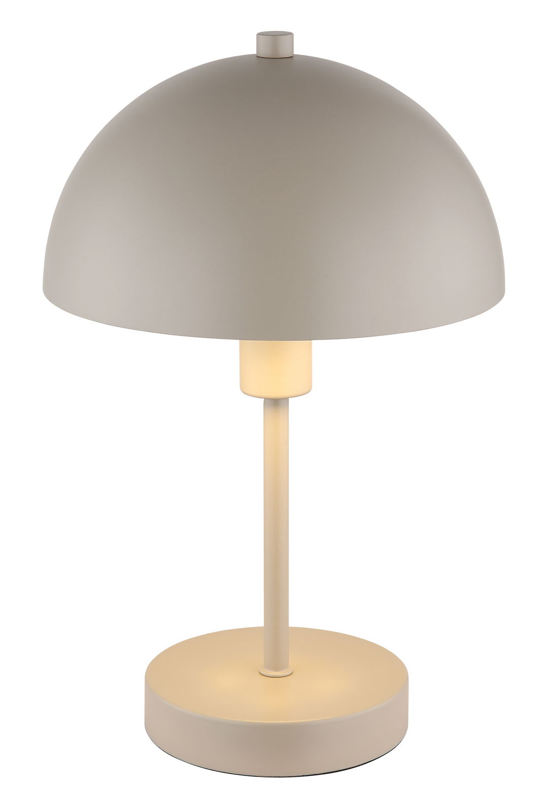 Moderne Tischleuchte mit rundem, beigem Schirm und schlichtem Design, frontal abgebildet.