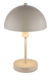 Moderne Tischleuchte mit rundem, beigem Schirm und schlichtem Design, frontal abgebildet.