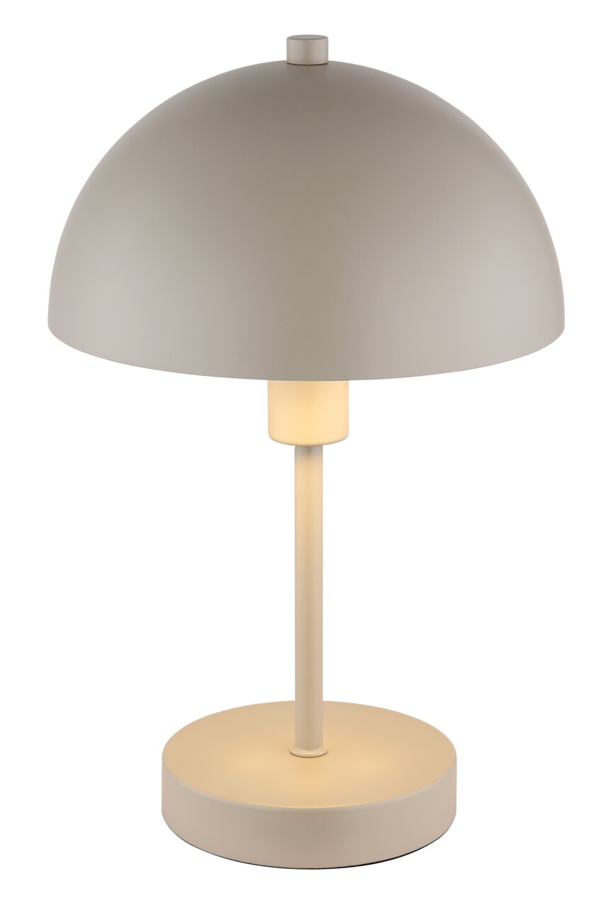 Moderne Tischleuchte mit rundem, beigem Schirm und schlichtem Design, frontal abgebildet.