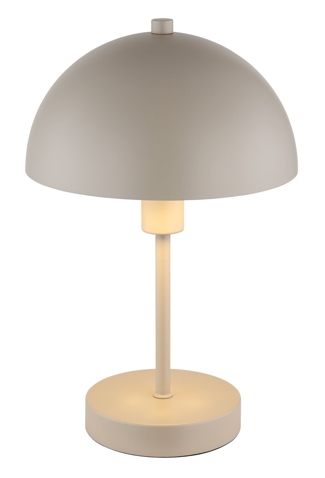 Moderne Tischleuchte mit rundem, beigem Schirm und schlichtem Design, frontal abgebildet.