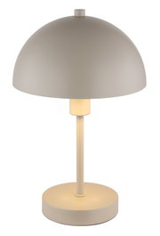 Moderne Tischleuchte mit rundem, beigem Schirm und schlichtem Design, frontal abgebildet.