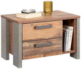 Rustikale Nachtkommode aus Holz mit zwei Schubladen und einem offenen Fach, darauf ein Buch, eine Brille und ein gelbes Glas, Perspektive von vorne links.