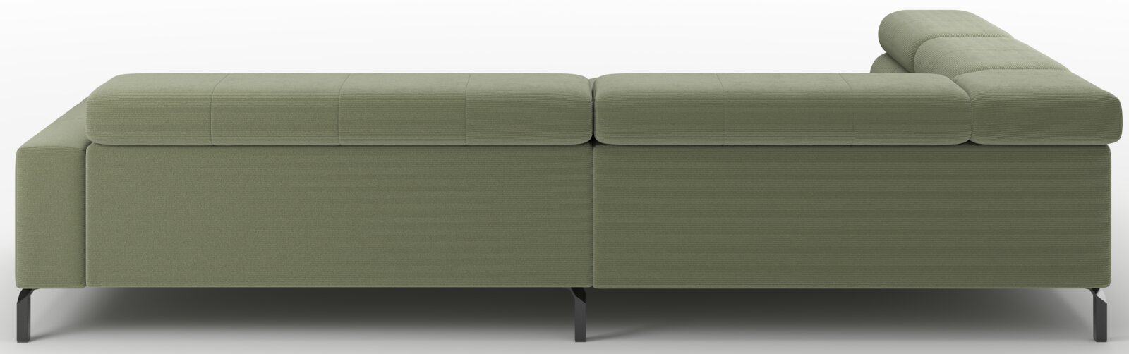 Olivgrünes, modernes Sofa mit Stoffbezug, niedriger Rückenlehne und schwarzen Metallfüßen, Seitenansicht von links auf weißem Hintergrund