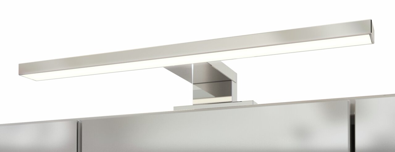 Moderne LED-Leuchte auf einem Spiegelschrank, seitliche Perspektive