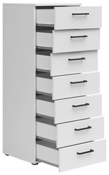 Weiße Kommode mit sieben offenen Schubladen, seitliche Perspektive