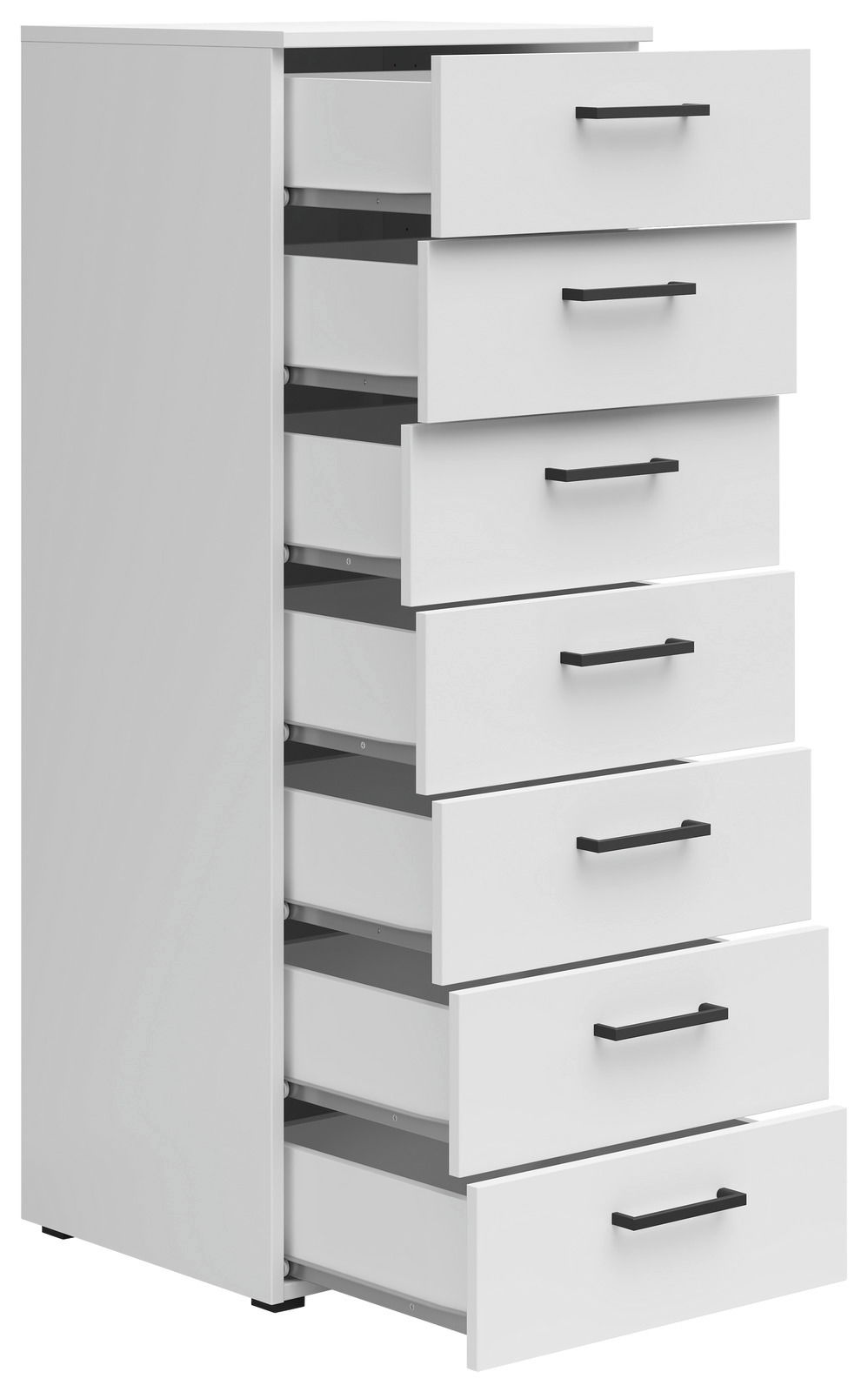 Weiße Kommode mit sieben offenen Schubladen, seitliche Perspektive