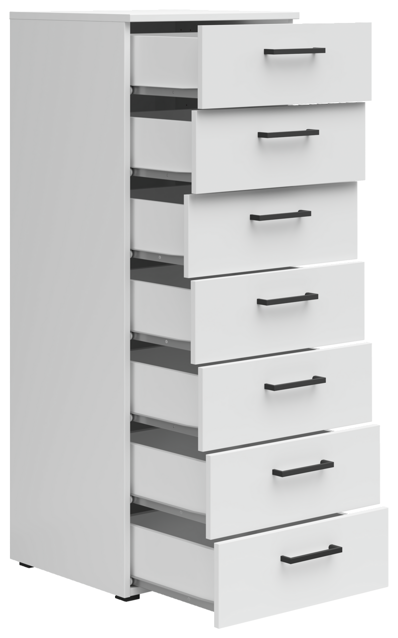 Weiße Kommode mit sieben offenen Schubladen, seitliche Perspektive