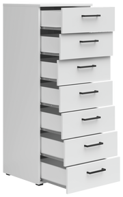 Weiße Kommode mit sieben offenen Schubladen, seitliche Perspektive