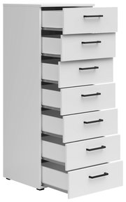 Weiße Kommode mit sieben offenen Schubladen, seitliche Perspektive