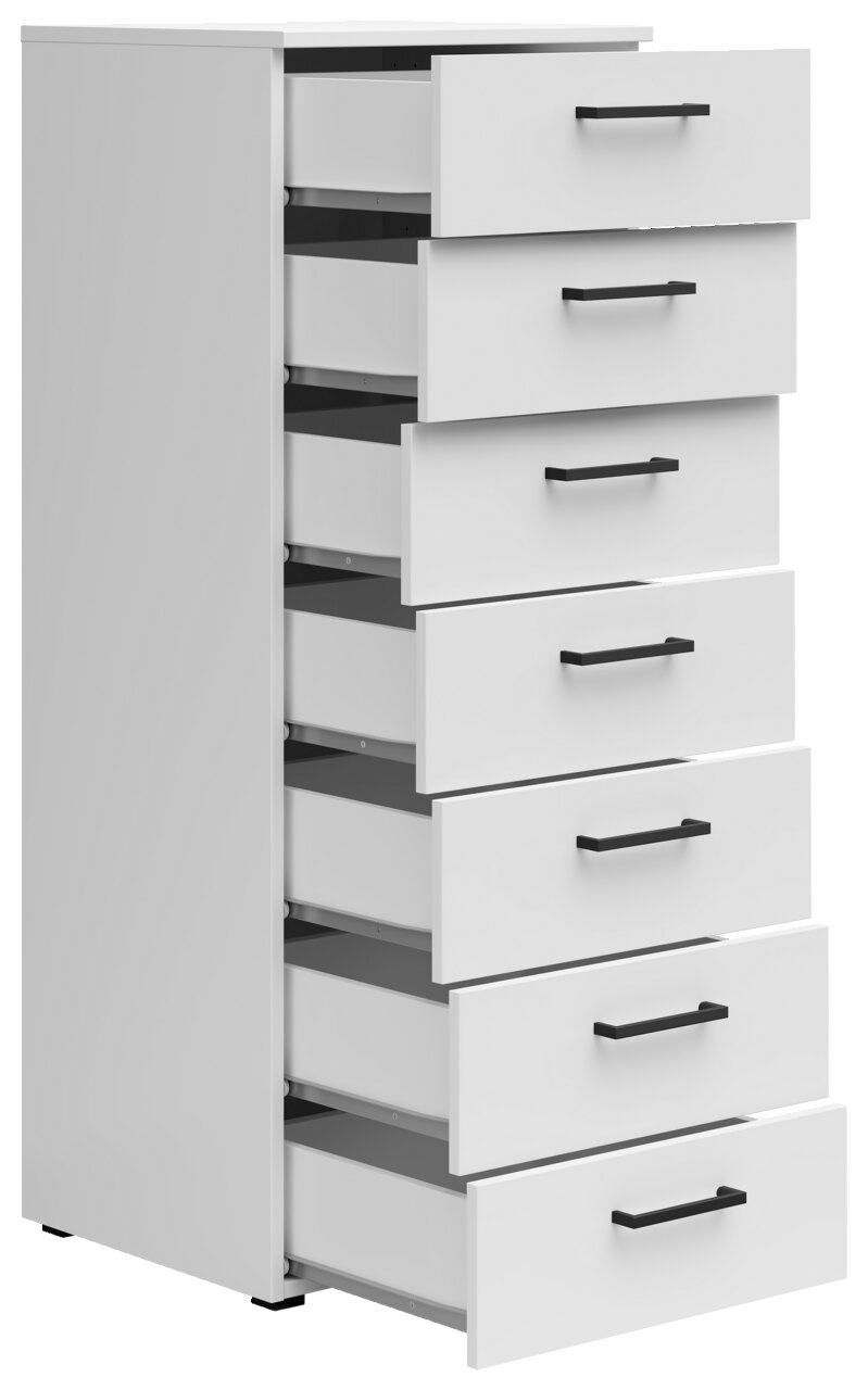 Weiße Kommode mit sieben offenen Schubladen, seitliche Perspektive