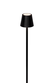 Schwarze Akku-Stehleuchte mit modernem Design, seitliche Perspektive