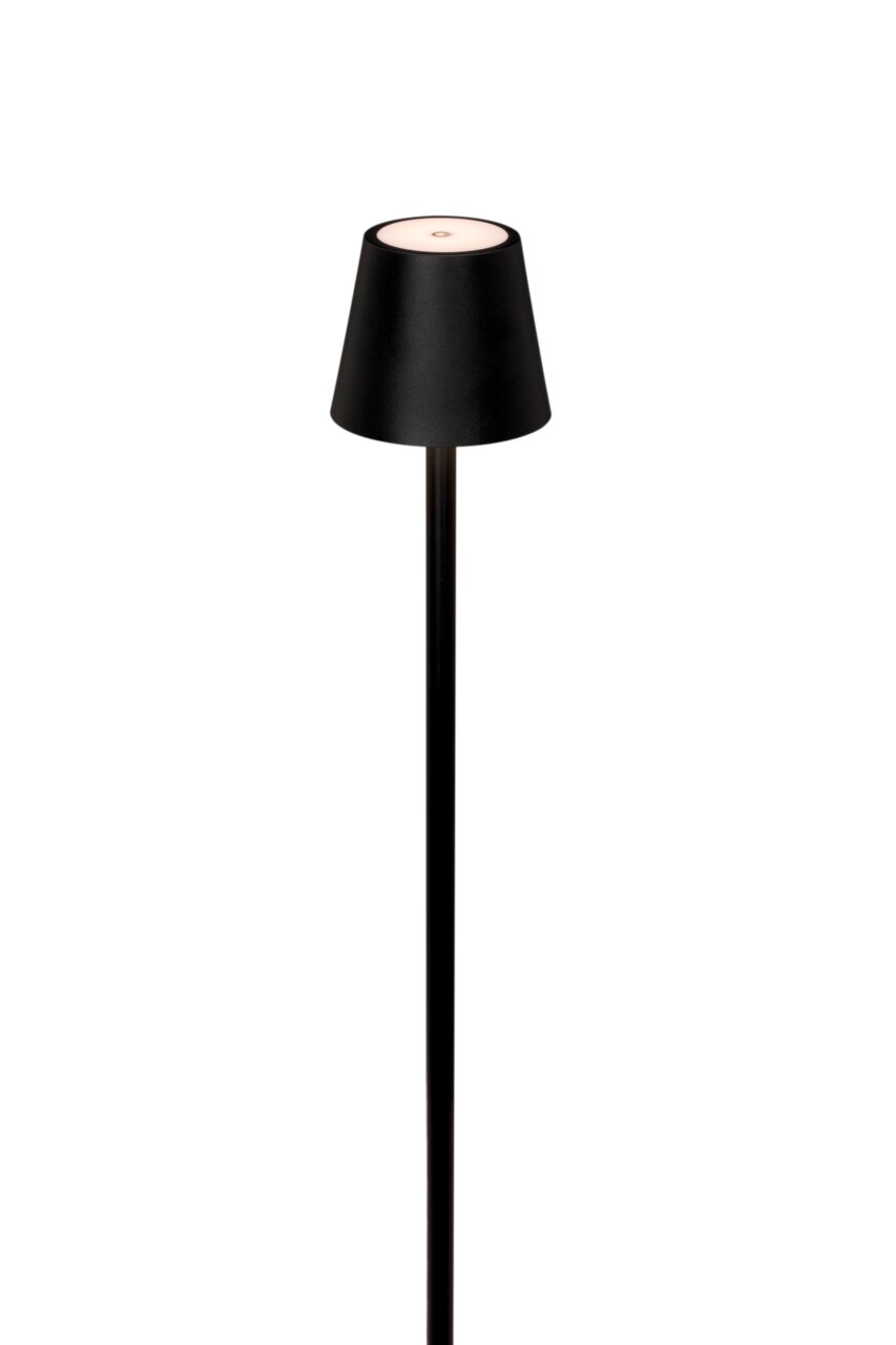 Schwarze Akku-Stehleuchte mit modernem Design, seitliche Perspektive