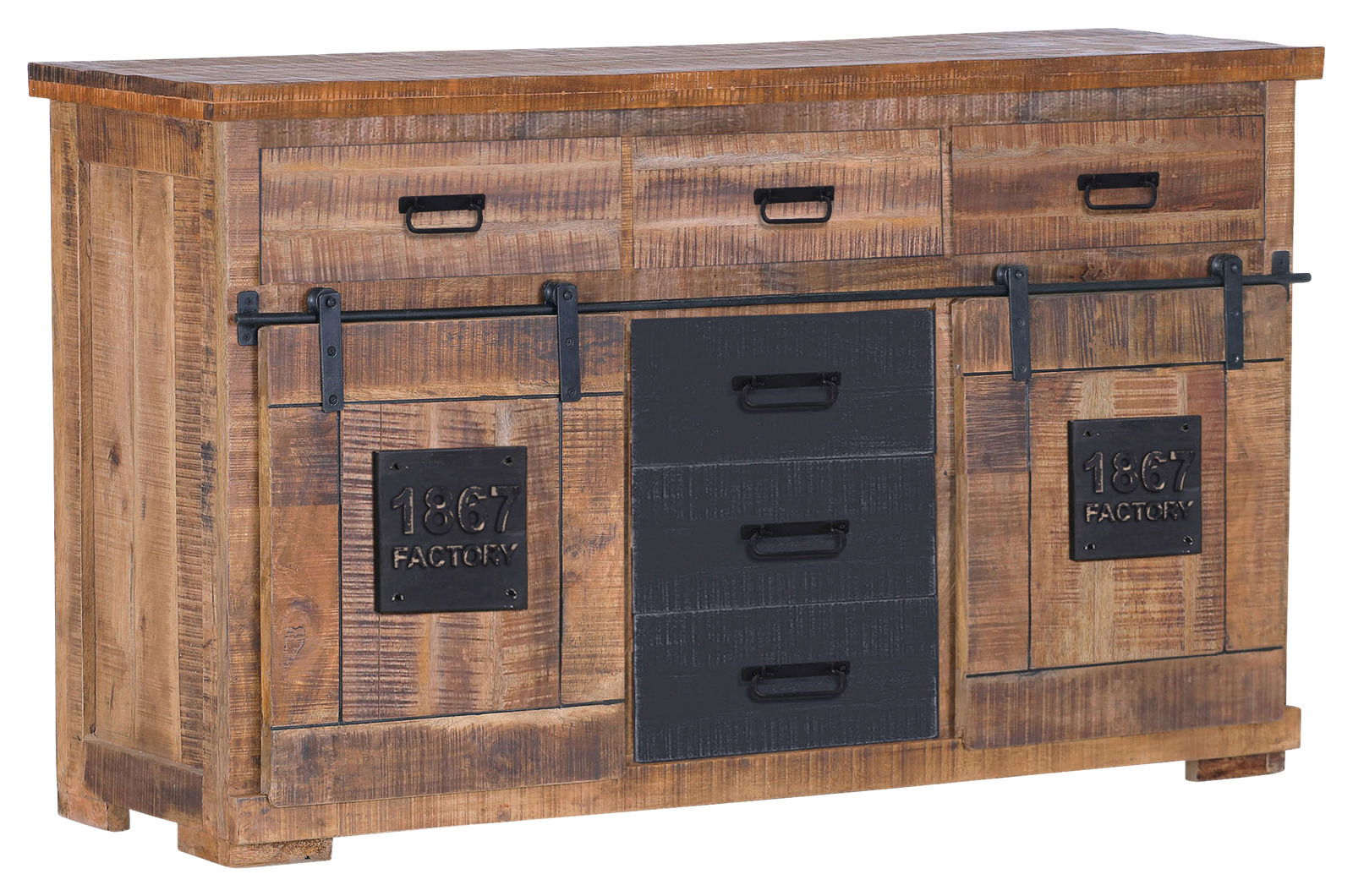Landscape Sideboard BARNEY Rustikales Sideboard aus Holz mit Schubladen und Schiebetüren, frontal abgebildet.