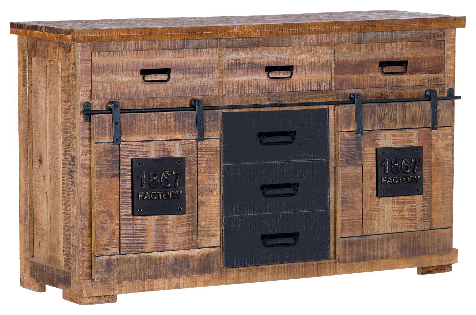 Landscape Sideboard BARNEY Rustikales Sideboard aus Holz mit Schubladen und Schiebetüren, frontal abgebildet.