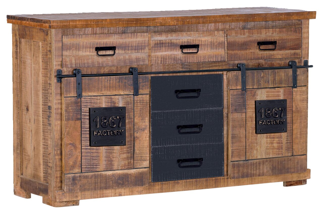 Rustikales Sideboard aus Holz mit Schubladen und Schiebetüren, frontal abgebildet.