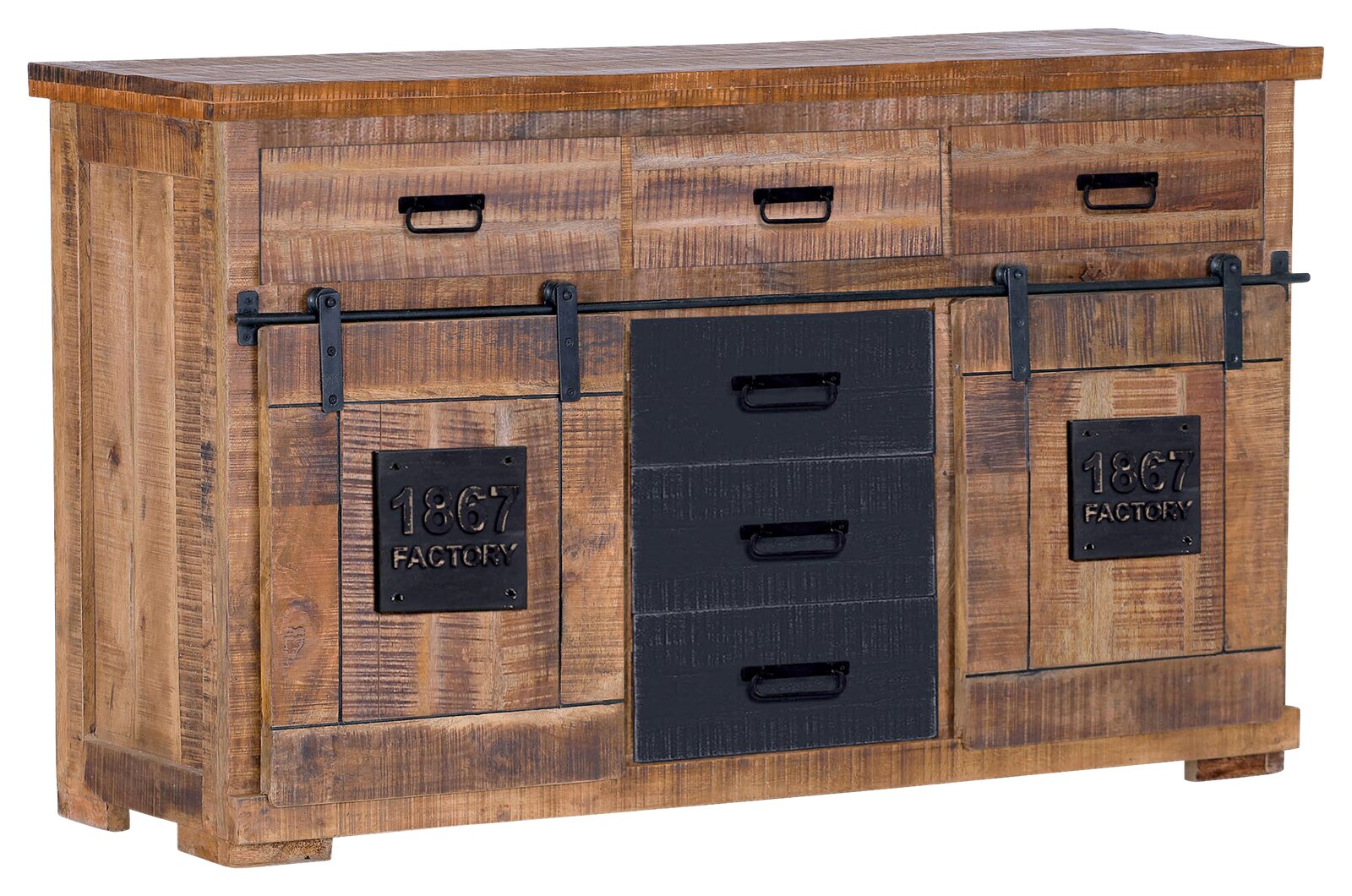 Rustikales Sideboard aus Holz mit Schubladen und Schiebetüren, frontal abgebildet.
