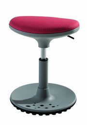 Kinderhocker mit rotem Sitzpolster und grauer Basis, seitliche Perspektive