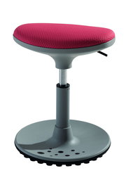 Kinderhocker mit rotem Sitzpolster und grauer Basis, seitliche Perspektive